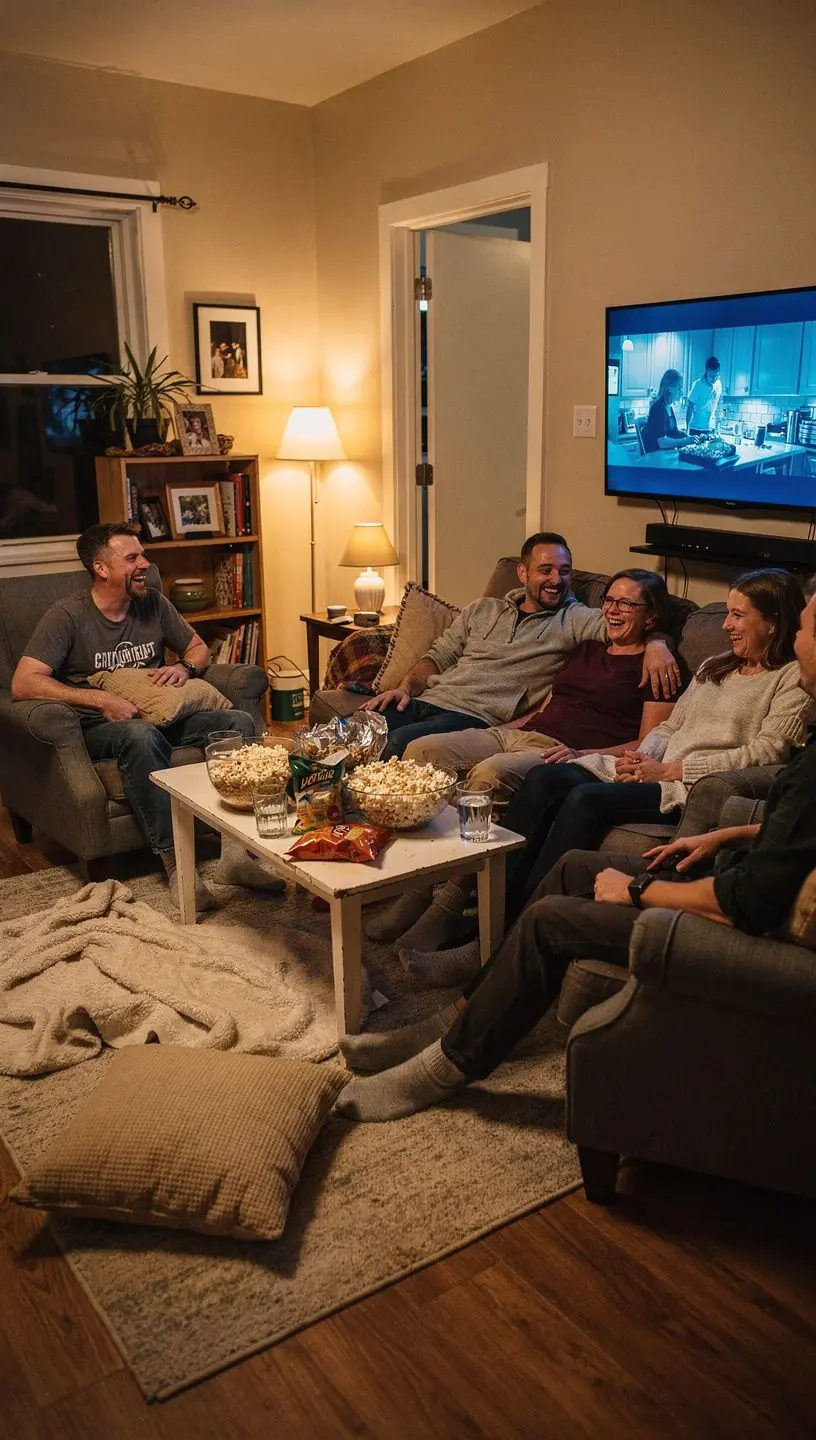 Просторная гостиная с ярким освещением и удобной мебелью, создающая атмосферу домашнего уюта.